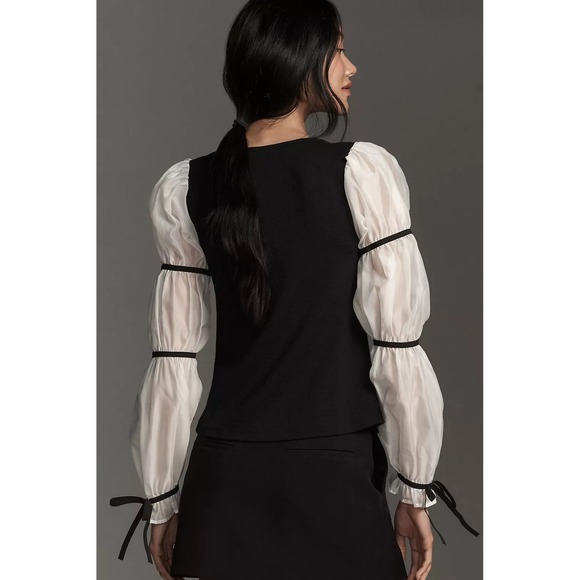 Anthropologie Tops - Maeve Anthropologie Balloon Sleeve Top Black Ivory Romantic Textured Blouse S
